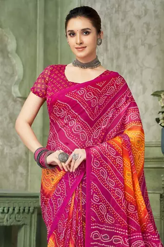 Pink bandhani printed borderless saree with unstitch blouse