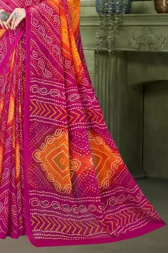 Pink bandhani printed borderless saree with unstitch blouse