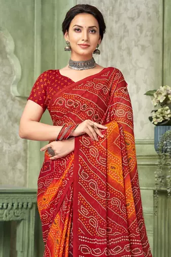 Maroon bandhani printed borderless saree with unstitch blouse