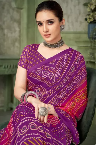 Purple bandhani printed borderless saree with unstitch blouse