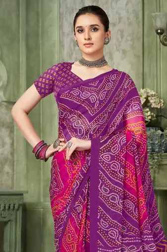 Purple bandhani printed borderless saree with unstitch blouse