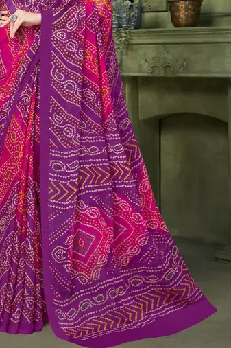Purple bandhani printed borderless saree with unstitch blouse