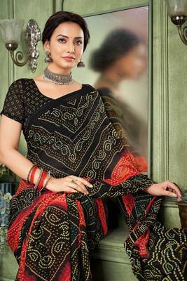 Black bandhani printed borderless saree with unstitch blouse 2