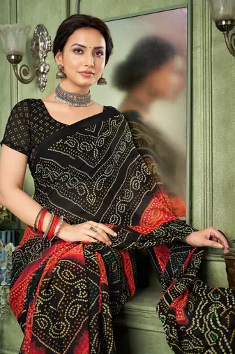 Black bandhani printed borderless saree with unstitch blouse