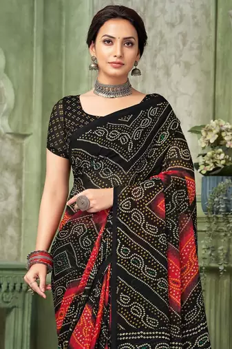 Black bandhani printed borderless saree with unstitch blouse
