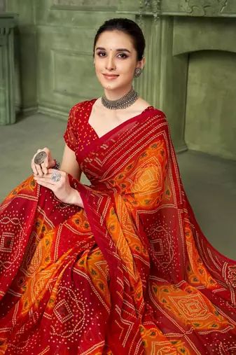 Maroon bandhani printed borderless saree with unstitch blouse