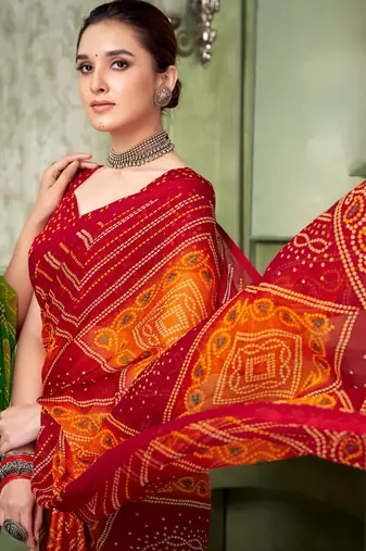 Maroon bandhani printed borderless saree with unstitch blouse