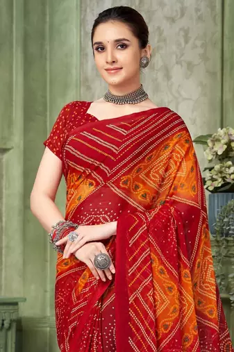 Maroon bandhani printed borderless saree with unstitch blouse