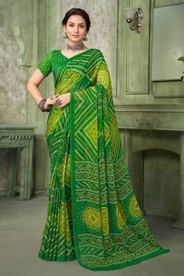 Green bandhani printed borderless saree with unstitch blouse 1