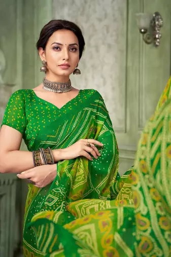 Green bandhani printed borderless saree with unstitch blouse
