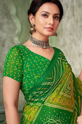 Green bandhani printed borderless saree with unstitch blouse