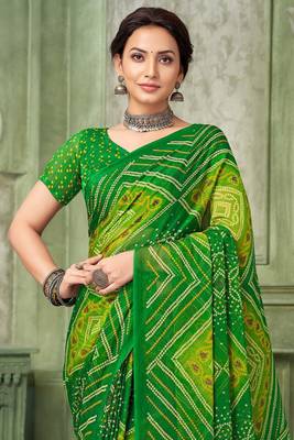Green bandhani printed borderless saree with unstitch blouse 4