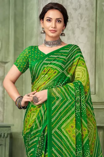 Green bandhani printed borderless saree with unstitch blouse