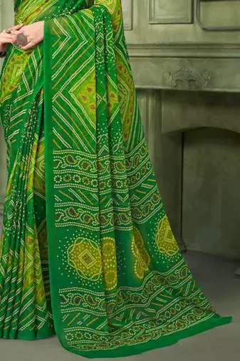 Green bandhani printed borderless saree with unstitch blouse