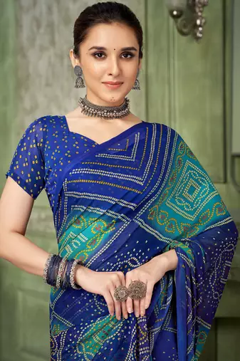 Blue bandhani printed borderless saree with unstitch blouse