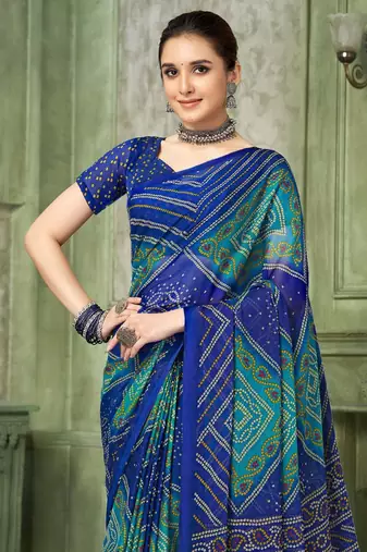 Blue bandhani printed borderless saree with unstitch blouse