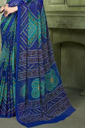 Blue bandhani printed borderless saree with unstitch blouse