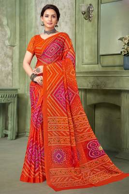 Orange bandhani printed borderless saree with unstitch blouse 1