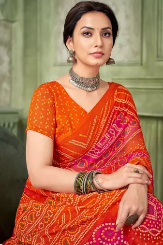 Orange bandhani printed borderless saree with unstitch blouse