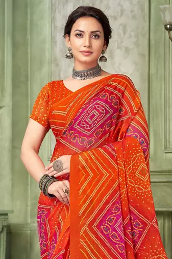 Orange bandhani printed borderless saree with unstitch blouse