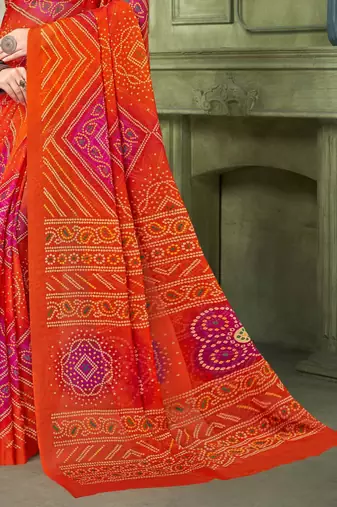 Orange bandhani printed borderless saree with unstitch blouse
