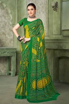 Green bandhani printed borderless saree with unstitch blouse 1