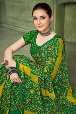 Green bandhani printed borderless saree with unstitch blouse 2