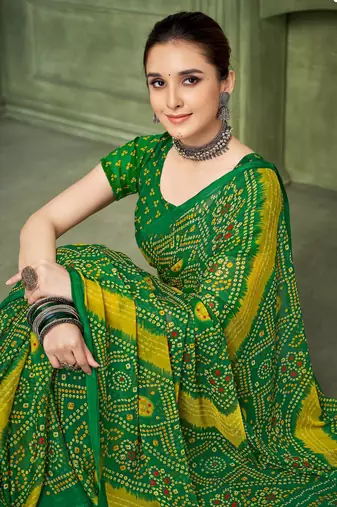 Green bandhani printed borderless saree with unstitch blouse
