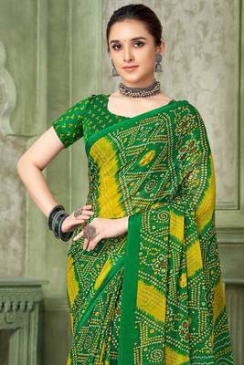 Green bandhani printed borderless saree with unstitch blouse 3
