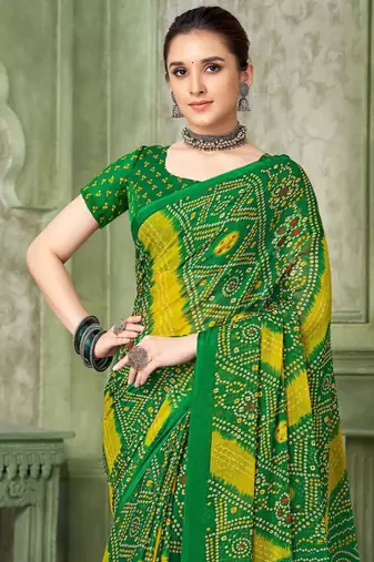 Green bandhani printed borderless saree with unstitch blouse