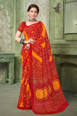 Red bandhani printed borderless saree with unstitch blouse 1