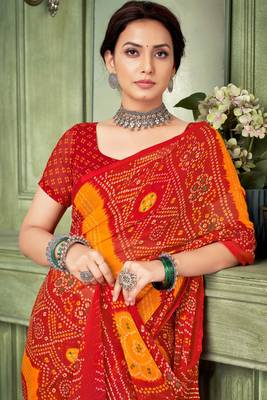 Red bandhani printed borderless saree with unstitch blouse 2