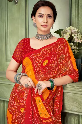 Red bandhani printed borderless saree with unstitch blouse