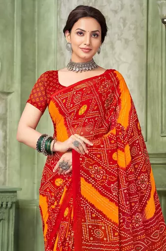 Red bandhani printed borderless saree with unstitch blouse
