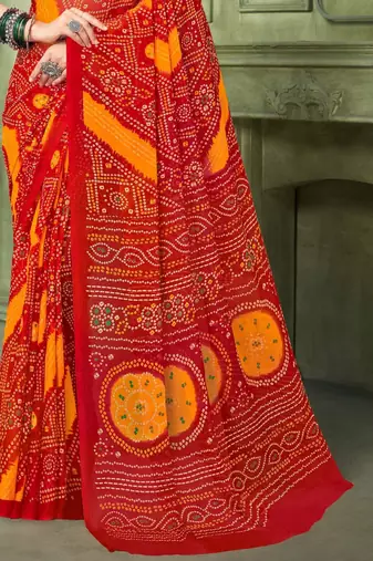 Red bandhani printed borderless saree with unstitch blouse