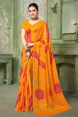 Yellow bandhani printed borderless saree with unstitch blouse 1