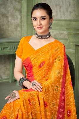 Yellow bandhani printed borderless saree with unstitch blouse 2