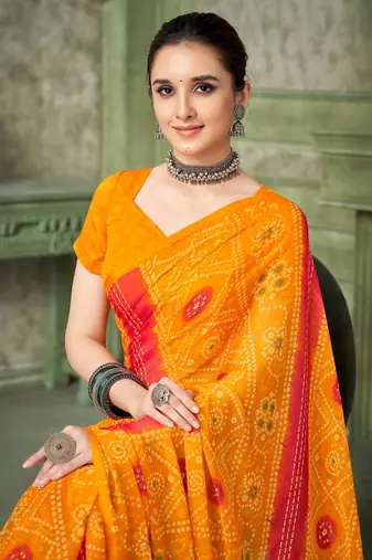 Yellow bandhani printed borderless saree with unstitch blouse