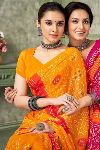 Yellow bandhani printed borderless saree with unstitch blouse