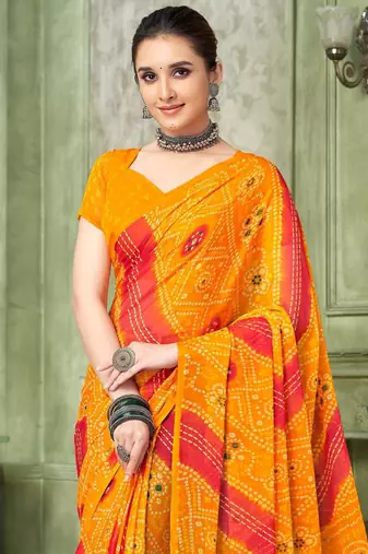 Yellow bandhani printed borderless saree with unstitch blouse