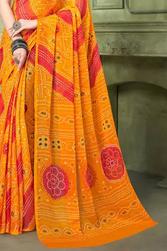 Yellow bandhani printed borderless saree with unstitch blouse