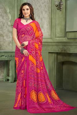 Pink bandhani printed borderless saree with unstitch blouse 1