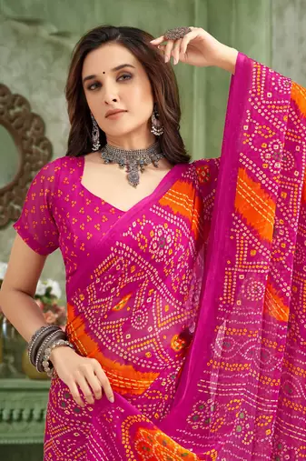 Pink bandhani printed borderless saree with unstitch blouse