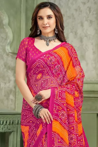 Pink bandhani printed borderless saree with unstitch blouse