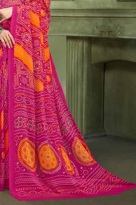 Pink bandhani printed borderless saree with unstitch blouse 4