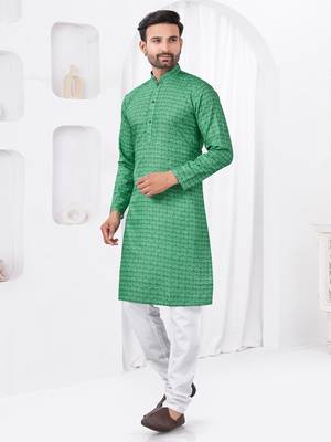 Mint green rayon cotton with digital printed kurta for mens wear 3