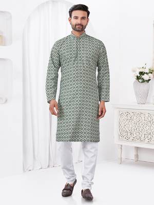 Grey rayon cotton with digital printed kurta for mens wear 1