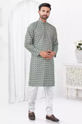 Grey rayon cotton with digital printed kurta for mens wear