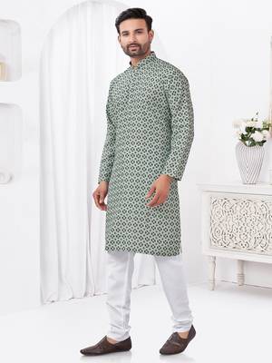 Grey rayon cotton with digital printed kurta for mens wear 3