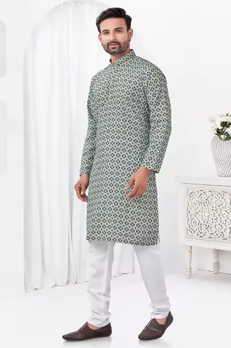 Grey rayon cotton with digital printed kurta for mens wear